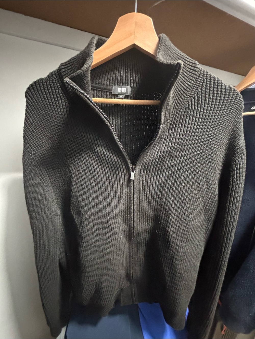 Uniqlo Men's Dark Charcoal Zip-Up Ribbed Knit Sweater